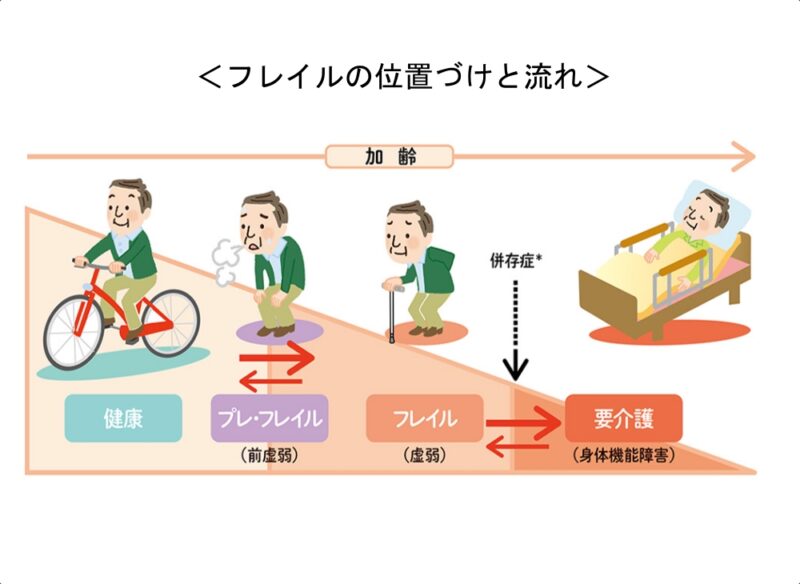 東京都医師会が公表している「フレイルの位置づけと要介護への流れ」の図。