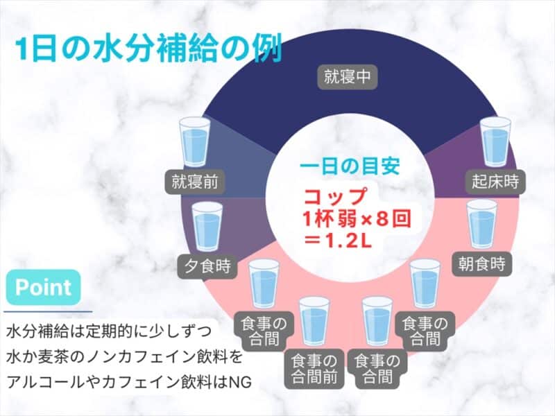 1日の水分補給の例として円グラフで水分摂取のタイミングを示す図