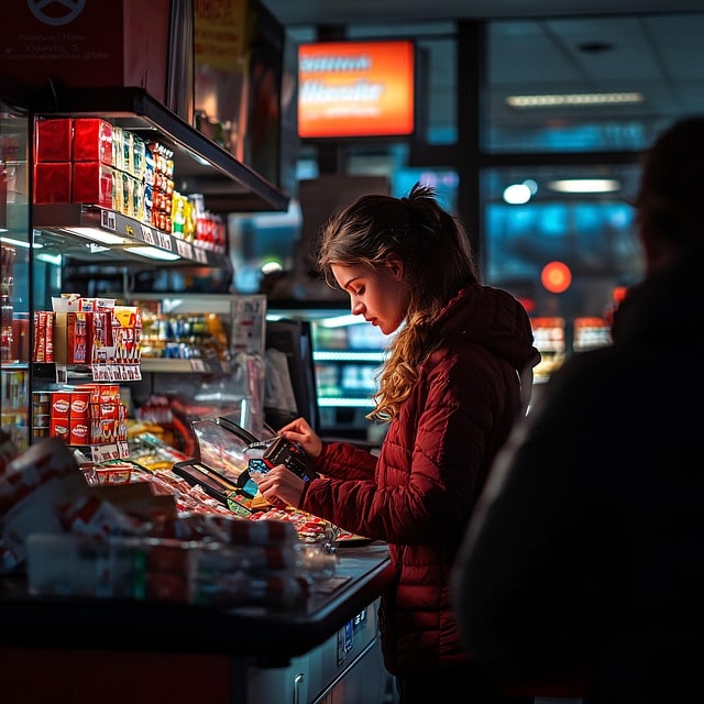 コンビニで食品を選ぶ、若い女性