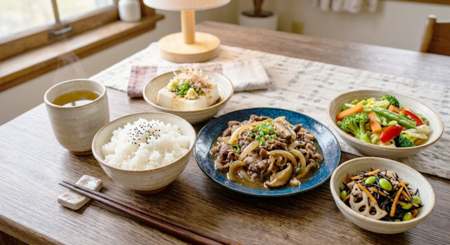 夕食の画像。テーブルの上に、ご飯、肉、豆腐、野菜、ヒジキの煮物が箸とお茶を添えて並べてある。