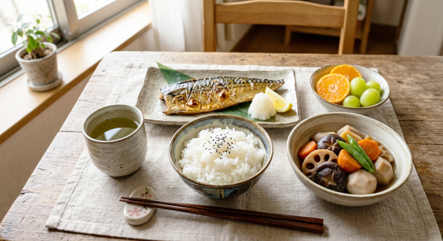 昼食の画像。テーブルの上に、ご飯、焼き魚、野菜のおかず、果物が箸とお茶を添えて並べてある。