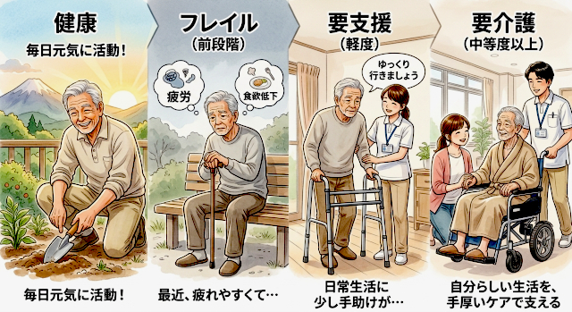 健康なシニアがフレイルになり、介護が必要になる流れを示した図