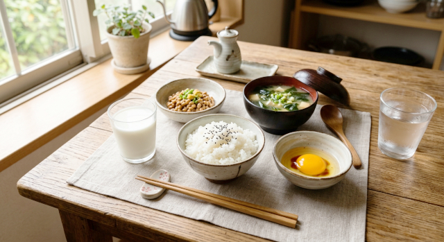 朝食の画像。テーブルの上に、ご飯、納豆、卵、みそ汁、牛乳が箸と水を添えて並べてある。