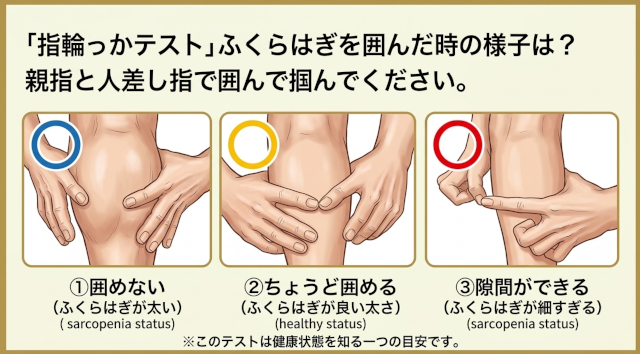 サルコペニアのテスト「指輪っかテスト」の図。ふくろはぎが親指と薬指で囲んで掴めるかを説明している図。