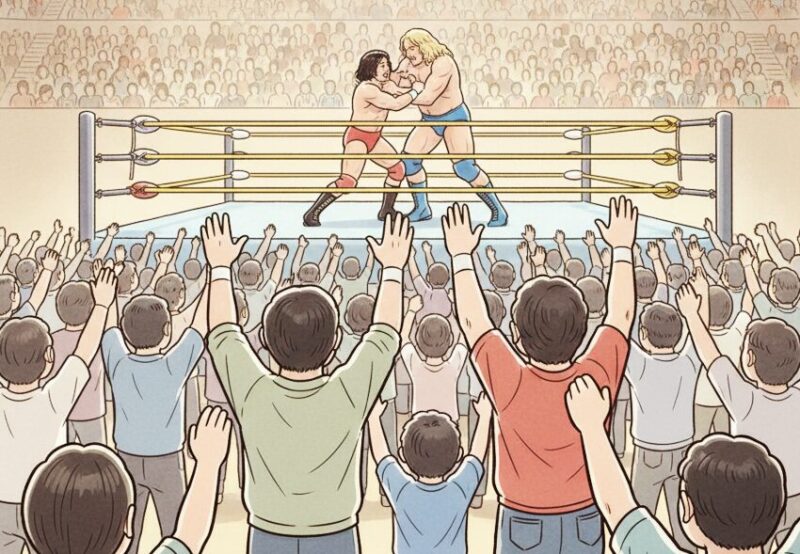 プロレスをおとうさんと、小学生の息子が興奮して観戦している。リングの上では、日本人と外人プロレスラーがプロレスをしている。
