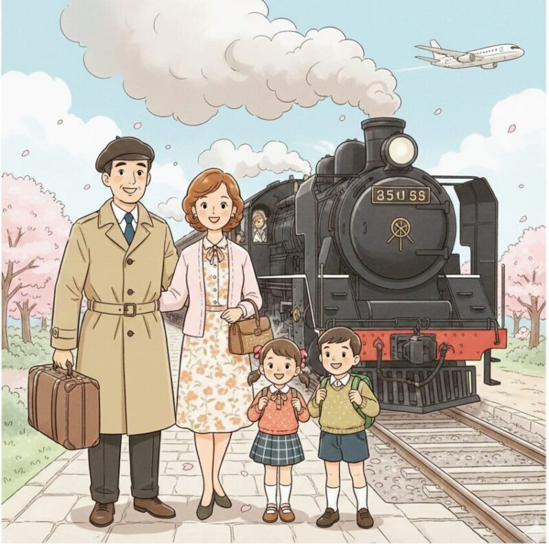 おとうさん、おかあさん、小学校の息子、娘の4人が、駅のホームで、機関車の前で記念写真を撮っている。向こうの空には、ジャンボジェットが飛んでいる