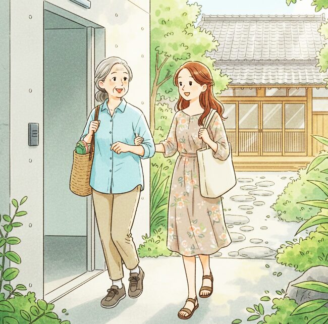 リゾートバイトで寮生活をしているシニア女性が、同じ職場の若い女性と寮を出て、職場に向かっている。