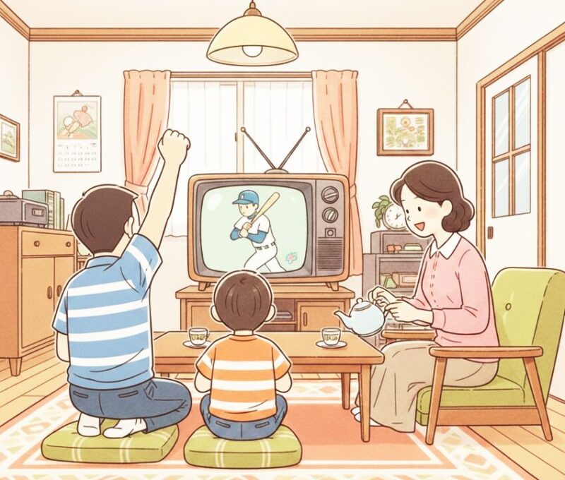 昭和の居間。テレビに映る野球選手をお父さん、男の子が興奮して応援している。お母さんは、お茶を入れている