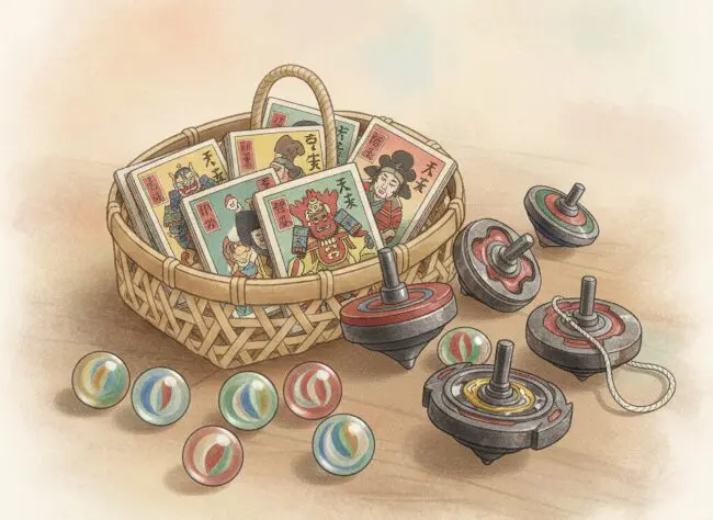 竹籠にはいったメンコ、ビー玉、ベーゴマ。