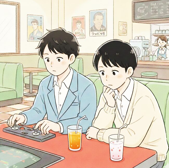 喫茶店で、男子高校生の二人がテレビゲームをしている