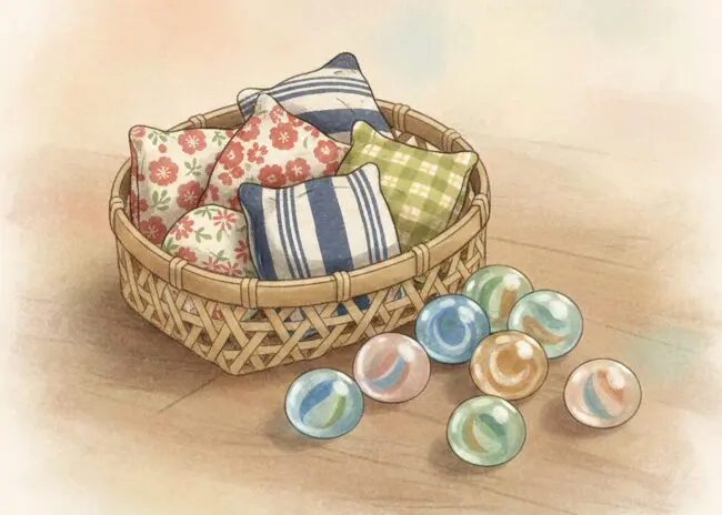 おはじき。竹籠にはいったお手玉。