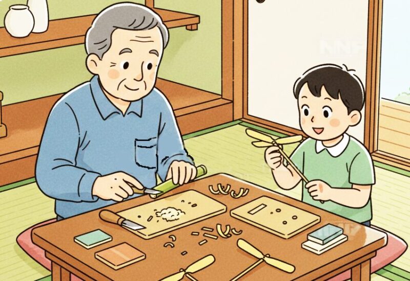 おじいちゃんの部屋で、孫のおとこのこが、おじいちゃんと一緒に竹とんぼを作っている。