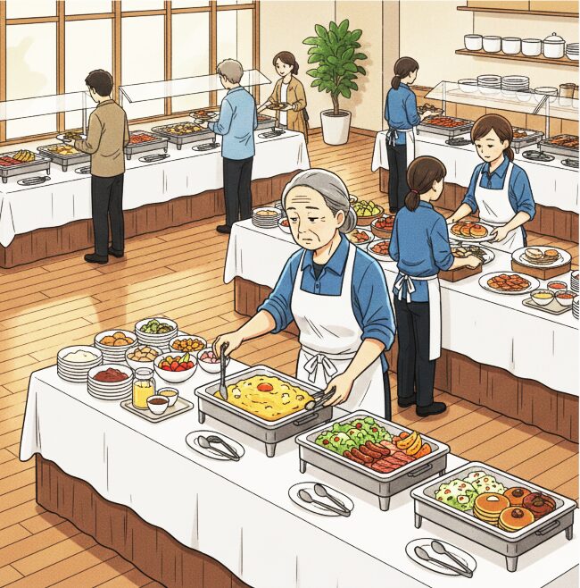 リゾートバイトでホテルのバイキング会場で料理を補充する疲れた顔をした、シニア女性。