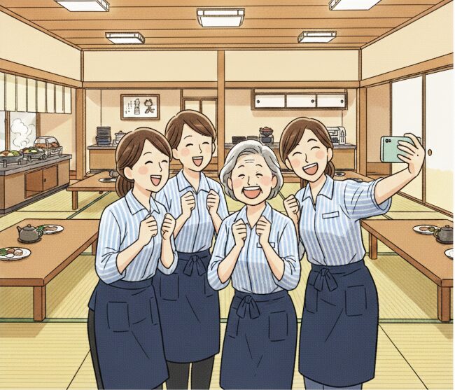 リゾートバイトの旅館の食堂で、シニア女性が、3人の若い女性の仕事仲間に囲まれれて、女性の1人に自撮り写真を撮ってもらっている。