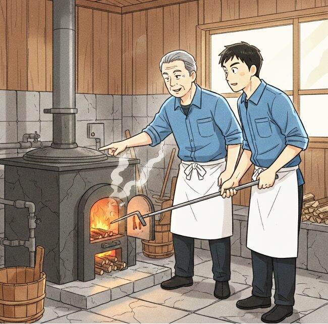 ボイラーの操作に経験のあるリゾートバイトのシニア男性が、若いリゾートバイトの男性に操作の仕方を指導している。