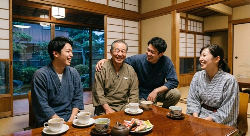 旅館の一日の仕事の休憩時間に、部屋で談笑するリゾートバイトシニア従業員を囲んで談笑している従業員。