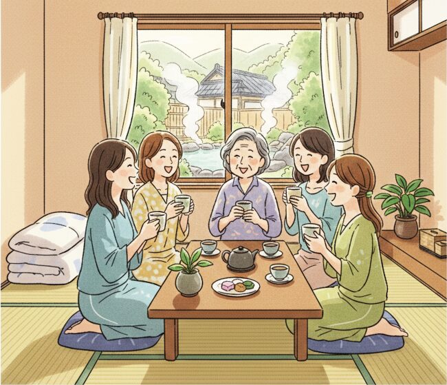 リゾートバイトのシニア女性の個室の寮の部屋で、そのシニア女性が、若い女性の仕事仲間と和気あいあいとお茶をのみながら話ををしている。