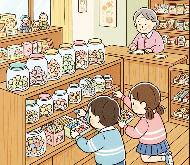 駄菓子屋の風景。小学生の兄妹が駄菓子を選んでいる。おくに、店主のおばあちゃんがすわっている。