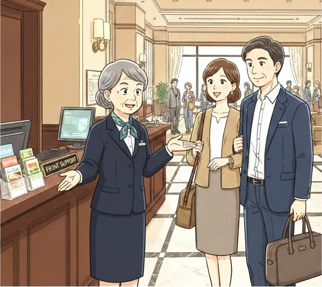 ホテルフロント補助をしている、リゾバのシニア女性がお客さんの夫婦にホテルの説明をしている。