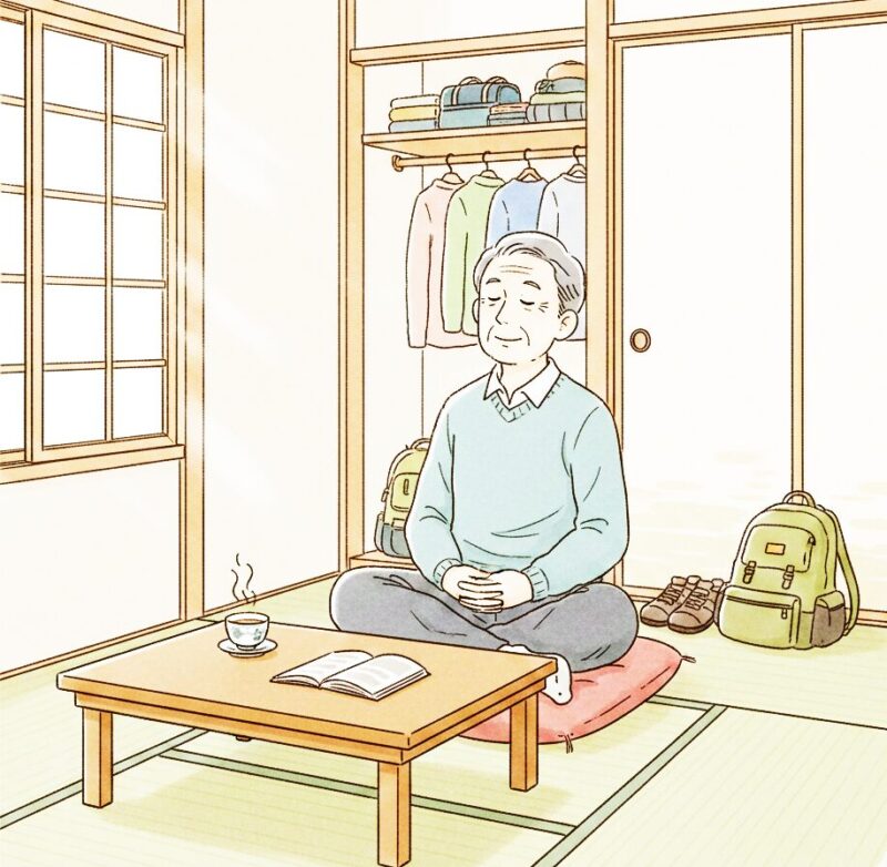 リゾートバイトで寮生活を始めたシニア男性。仕事を終えて、部屋でお茶を飲んでくつろいでいる。