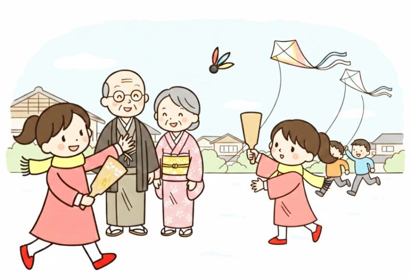 昭和のお正月。二人の小学生の女の子が、羽根つきをしている。それを、着物を着た、おじいちゃんとおばあちゃんが優しく見つめている。遠くでは、男の子ふたりが、凧揚げをしている。