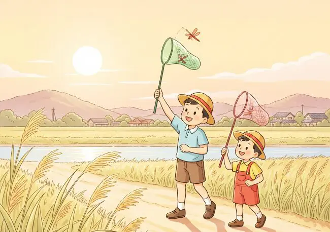 夕暮れ時。川沿いの道で、赤とんぼを網で取ろうとしている兄弟二人。