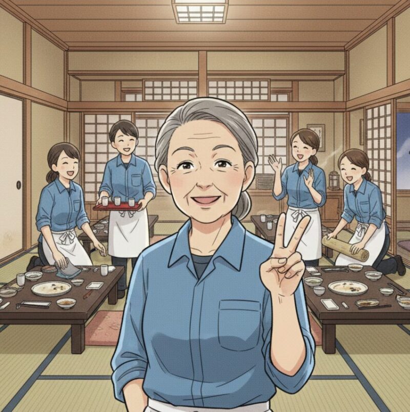 リゾートバイトの女性シニアが、無事仕事をおえ、宴会場の片付け作業の途中で、仲間が撮ってくれるスマホに向かってピースサインをしている。