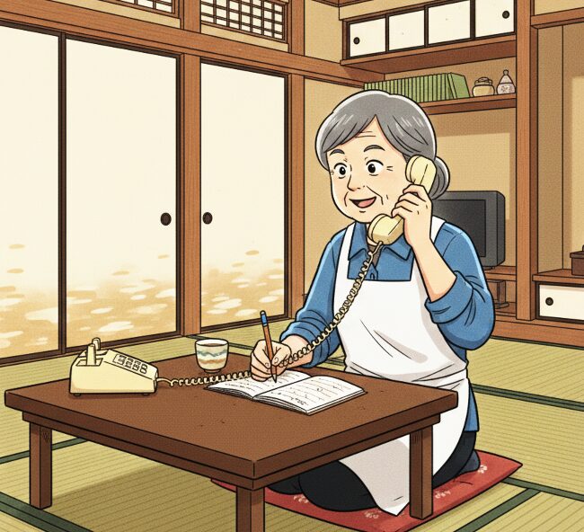 リゾートバイトの応募の為に、シニア女性が派遣担当者と電話で話をしている。